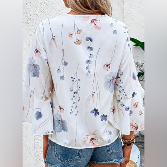 Floral V Neck Bell Sleeve - Picture 2 of 4